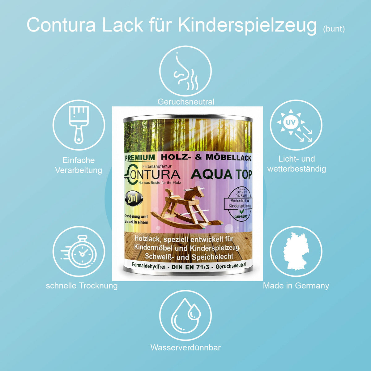 Contura Möbellack Lack für Kinderspielzeug GLÄNZEND +32 Farbtöne DIN EN71/3 Kindermöbel Holzlack Kinderzimmer